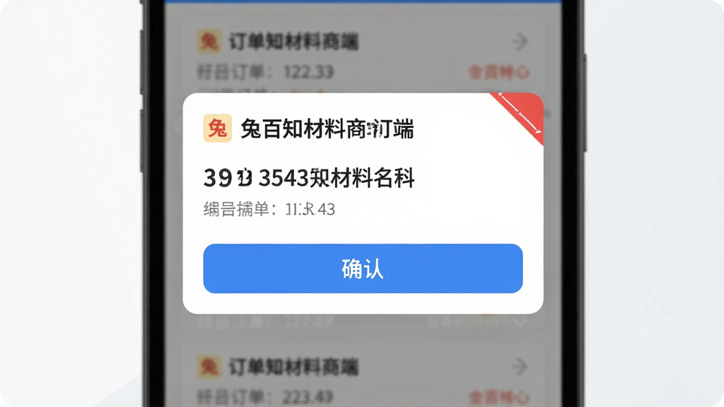 手机界面展示“兔百知材料商端”的订单推送提醒弹窗,主体为一条新订单通知卡片,布局为居中弹窗加背景订单列表,排版突出订单编号与材料名称,风格为清爽商务风,细节包括红色提醒角标蓝色确认按钮灰色背景虚化,画质清晰干净无多余元素
