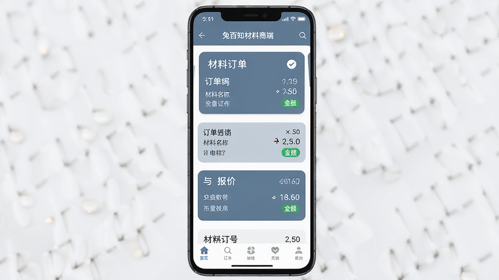 手机屏幕中显示一款名为“兔百知材料商端”的安卓应用界面,主体为材料订单列表与报价卡片,布局为上下结构顶部状态栏中部订单卡片底部导航栏,排版整齐信息层级分明,风格为现代商务简约风,细节包括蓝灰色主色调圆角卡片订单编号材料名称数量金额状态标签,画质清晰干净无多余元素