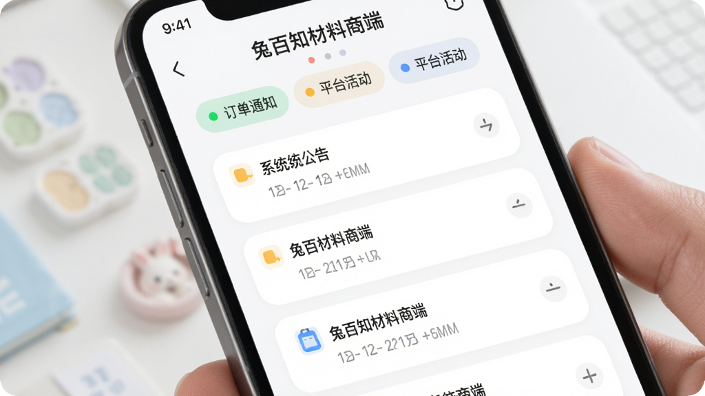 手机界面展示“兔百知材料商端”的消息通知中心,主体为分类消息列表,布局为顶部标签切换加下方消息卡片,排版规整,风格为柔和圆角风,细节包括订单通知系统公告平台活动三类标签不同颜色圆点标识,画质清晰干净无多余元素