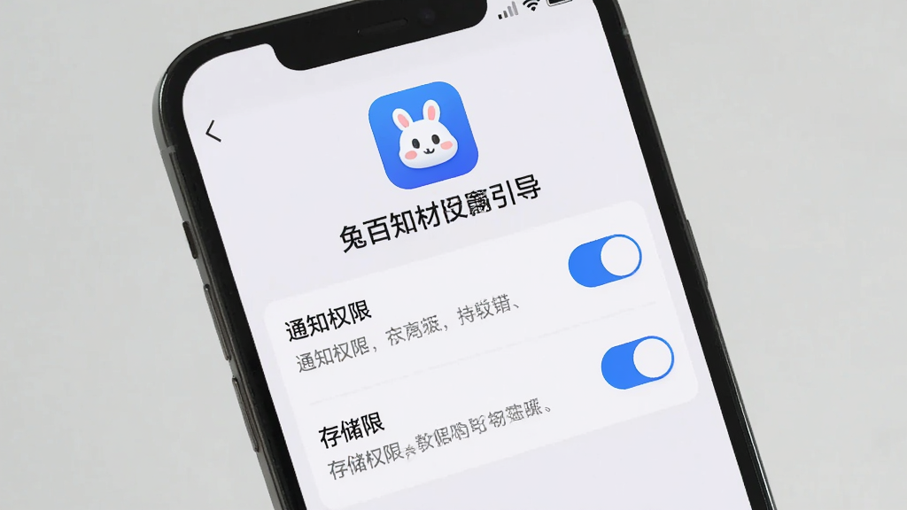 手机屏幕展示“兔百知材料商端”的权限设置引导页面,主体为通知权限与存储权限开关,布局为纵向列表加说明文字,排版清晰,风格为浅色简洁风,细节包括蓝色开关按钮灰色说明文字顶部应用图标,画质清晰干净无多余元素