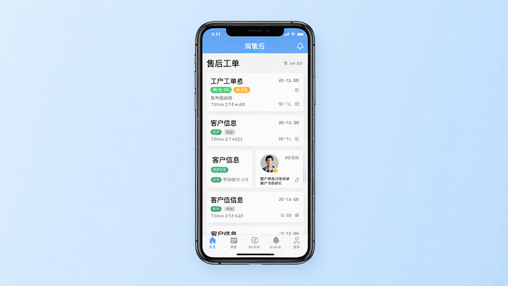 微售后软件主界面预览图,画面中央展示一部智能手机,手机屏幕上呈现微售后应用首页,包含售后工单列表、客户信息卡片与底部导航栏,背景为浅蓝色渐变,布局简洁居中,风格为现代扁平化UI设计,细节上体现工单状态标签与时间戳,画质清晰干净,无多余元素