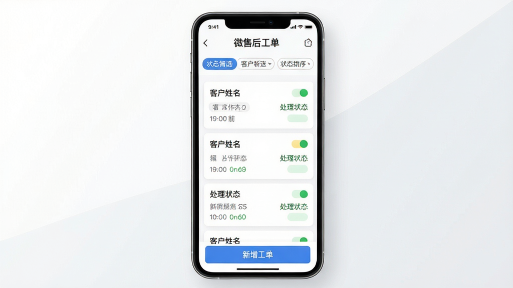 微售后工单管理界面展示图,画面中央为手机屏幕,屏幕内显示微售后工单列表页面,顶部有状态筛选标签,中间为工单卡片,卡片上标注客户姓名与处理状态,底部有新增工单按钮,背景为白色与浅灰色搭配,风格为清爽商务风,细节上体现状态颜色区分与时间排序,画质清晰干净,无多余元素