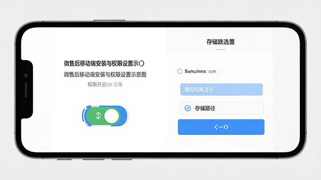 微售后移动端安装与权限设置示意图,画面中央为手机屏幕,屏幕内展示权限开启引导页与存储路径选择界面,背景为浅灰色,风格为扁平化教程风,细节上体现开关按钮与路径选择框,画质清晰干净,无多余元素
