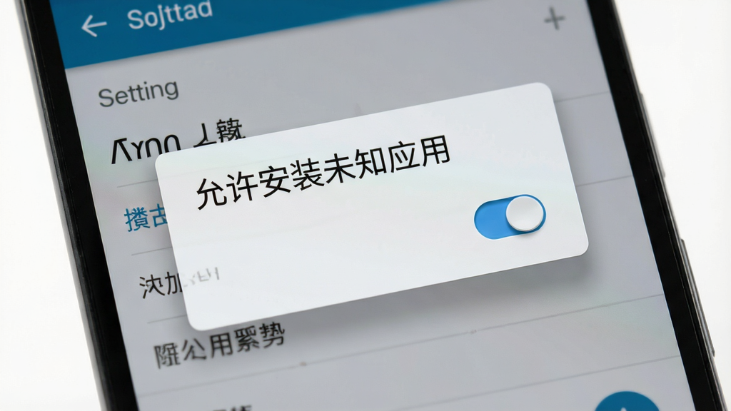画面展示一部安卓手机屏幕,屏幕中间弹出权限设置对话框,对话框标题为“允许安装未知应用”,下方有开关按钮,背景为手机设置界面,风格为系统UI写实风,细节包括按钮的立体感和界面的浅色背景,画质清晰,干净,无多余元素