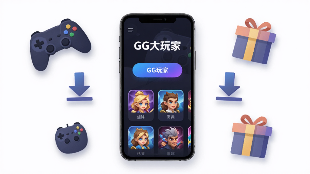 画面中央展示一部智能手机,屏幕中呈现GG大玩家的应用主界面,界面以深色背景搭配蓝紫色渐变按钮,上方有“GG大玩家”文字标识,下方排列多个游戏图标卡片,手机周围环绕游戏手柄、下载箭头和礼包盒子的简约插画元素,整体布局居中对称,风格为扁平化科技感,细节包括柔和的阴影和圆角图标,画质清晰,干净,无多余元素