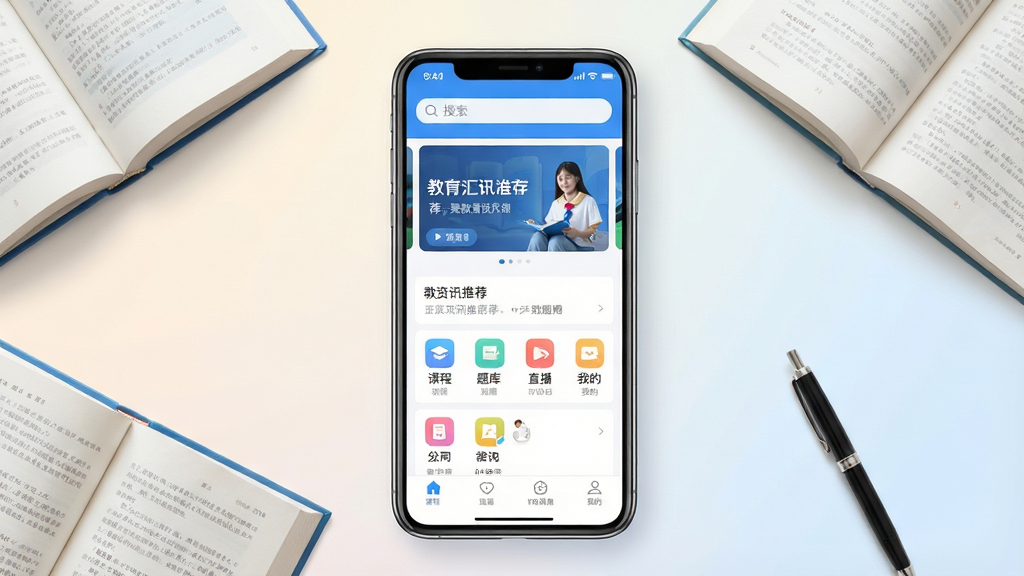 一张展示教育汇移动应用主界面的全景效果图,画面中央是一部竖屏智能手机,手机屏幕内显示教育汇APP的首页界面,包含顶部搜索栏、轮播图教育资讯推荐、功能入口图标如课程、题库、直播、我的等模块,界面风格清爽简洁,主色调为蓝色与白色搭配,背景为柔和的浅色渐变,手机周围散落着几本打开的书本和一支笔作为点缀,整体画面明亮干净,画质清晰,无多余杂乱元素
