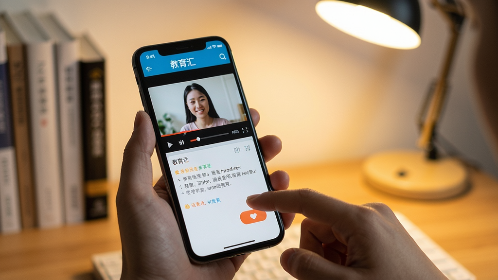 一张展示用户手持手机使用教育汇APP进行学习的特写照片,手机屏幕显示视频课程播放界面和笔记功能区域,画面中手指正点击屏幕上的收藏按钮,背景是书桌和台灯,光线柔和,整体风格真实自然,画质清晰,无多余物体干扰