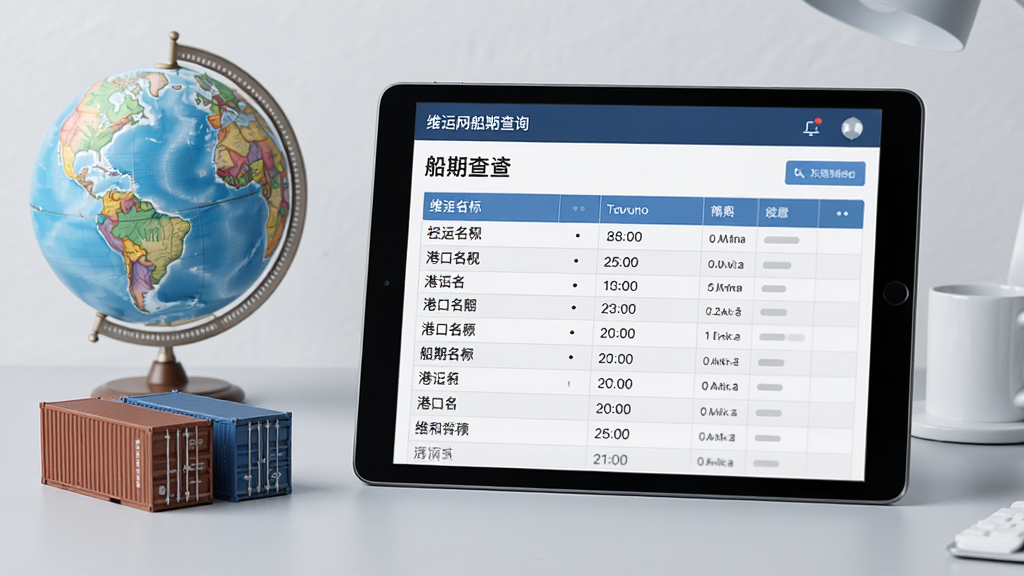 一张展示维运网船期查询功能的AI生图,画面主体是一个平板电脑屏幕,屏幕内显示船期查询表格界面,表格中有港口名称和时间信息,屏幕旁边有地球仪和集装箱模型,背景是浅灰色办公桌面,布局整洁,风格商务简约,细节清晰,画质干净,无多余元素