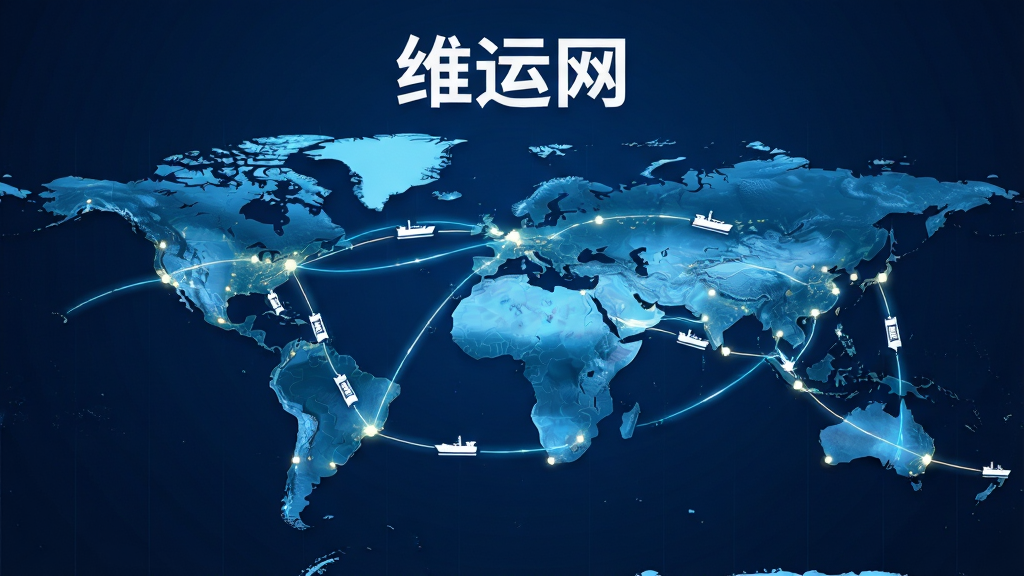 一张展示维运网船舶定位功能的AI生图,画面主体是一张世界地图投影在深蓝色背景上,地图上有发光的线条连接各大港口,多个白色船舶图标沿航线移动,地图上方有维运网字样,布局居中,风格科技感强,细节丰富,画质清晰,干净,无多余元素
