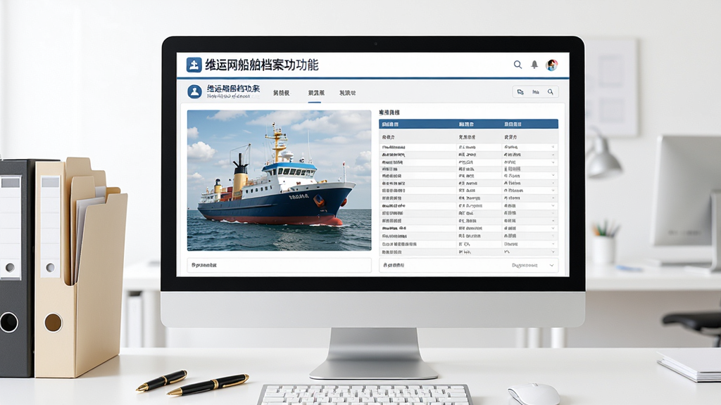 一张展示维运网船舶档案功能的AI生图,画面主体是一个电脑显示器,屏幕内显示船舶档案详情页面,页面中有船舶照片和参数表格,显示器旁边有文件夹和笔,背景是白色办公环境,布局规整,风格专业商务,细节清晰,画质干净,无多余元素