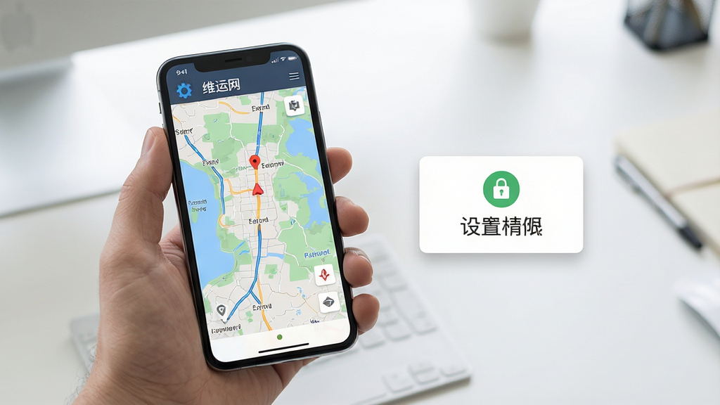 一张展示维运网在手机上运行的操作示意图,画面主体是一只手拿着智能手机,屏幕内显示维运网地图界面,手机旁边有设置权限的弹窗图标,背景是简洁的桌面,布局清晰,风格写实,细节丰富,画质干净,无多余元素