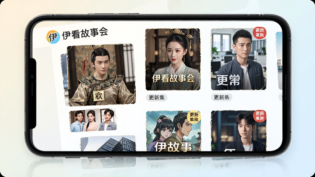手机屏幕中展示“伊看故事会”的剧集列表页面,多个短剧封面以网格形式排列,封面风格多样,有古装人物、现代都市场景,背景为浅色渐变,风格清爽,细节包括剧名标签、更新集数角标,画质高清,干净,无多余元素