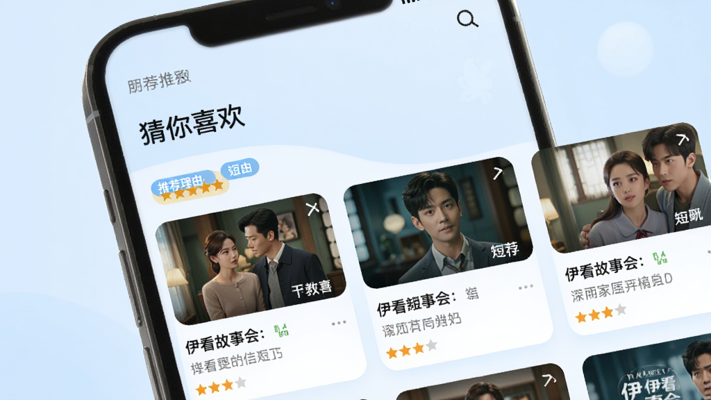 手机界面展示“伊看故事会”的个性化推荐页面,顶部有“猜你喜欢”字样,下方是多个短剧推荐卡片,卡片上有剧照和简介,背景为淡蓝色,风格柔和,细节包括推荐理由标签、评分星级,画质高清,干净,无多余元素