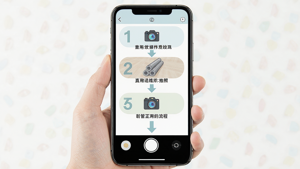 点数相机iCount数钢管新手操作流程图解,画面以手机屏幕为载体,分步骤展示从打开相机、对准钢管、点击拍照到查看结果的完整操作流程,每一步骤配有简洁的文字说明和箭头引导,布局为纵向流程图排版,风格为清新扁平化设计,细节包括图标简洁易懂、步骤编号清晰、配色柔和,画质高清干净无多余元素