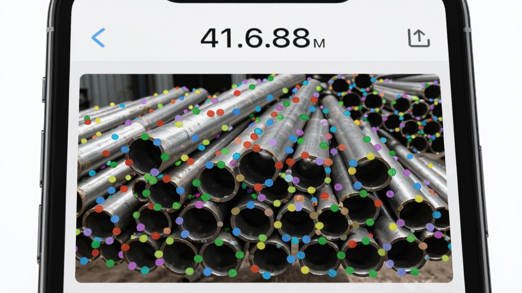 点数相机iCount数钢管AI识别功能特写图,画面主体为手机屏幕中显示的一堆杂乱钢管照片,钢管表面被AI算法逐一标注出彩色圆点标记,屏幕上方显示自动计数结果数字,布局为居中特写,风格为科技写实风,细节包括每个圆点标记精准覆盖单根钢管截面、界面UI简洁清爽,画质高清干净无多余元素