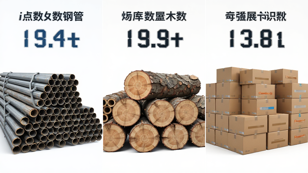 点数相机iCount数钢管多场景识别展示图,画面分为三个并列区域,左侧展示钢管堆叠计数、中间展示木材原木计数、右侧展示纸箱堆叠计数,每个区域上方标注对应的物料名称和识别数量,布局为横向三栏对比展示,风格为清新商务风,细节包括各物料纹理清晰、计数值醒目,画质高清干净无多余元素
