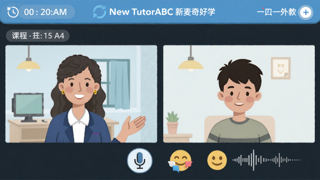 一张展示New TutorABC 新麦奇好学一对一外教课堂的插画,主体为一名外教老师与一名学员通过视频窗口进行英语对话,画面中带有课程互动按钮和语音波形图标,布局为左右分屏式,风格为扁平化教育插画,细节包括课程时间显示、麦克风图标、表情互动符号,画质清晰,干净,无多余元素