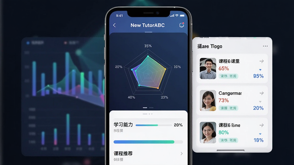 一张展示New TutorABC 新麦奇好学智能课程匹配系统的界面图,主体为手机屏幕显示学习能力雷达图和课程推荐列表,画面中有数据图表、进度条和推荐标签,布局为上下结构,风格为科技数据可视化风格,细节包括色彩渐变、图标注释、百分比数值,画质清晰,干净,无多余元素