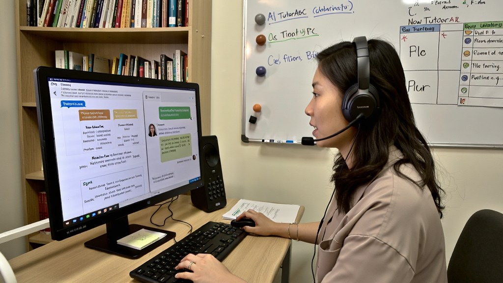 一张展示New TutorABC 新麦奇好学双语教师辅导场景的图片,主体为一位双语教师坐在电脑前佩戴耳机进行在线辅导,画面中有中英文对照的学习资料和答疑对话框,布局为居中构图,风格为写实教育场景,细节包括书架、教学白板、学习计划表,画质清晰,干净,无多余元素