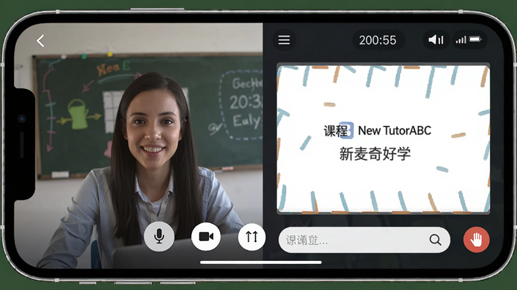 一张展示New TutorABC 新麦奇好学移动端课堂界面的示意图,主体为手机横屏显示外教视频窗口与互动课件,画面中有麦克风静音按钮、摄像头开关、聊天输入框等课堂控件,布局为左右分栏,风格为现代教育应用界面,细节包括课程计时器、网络状态图标、举手发言按钮,画质清晰,干净,无多余元素