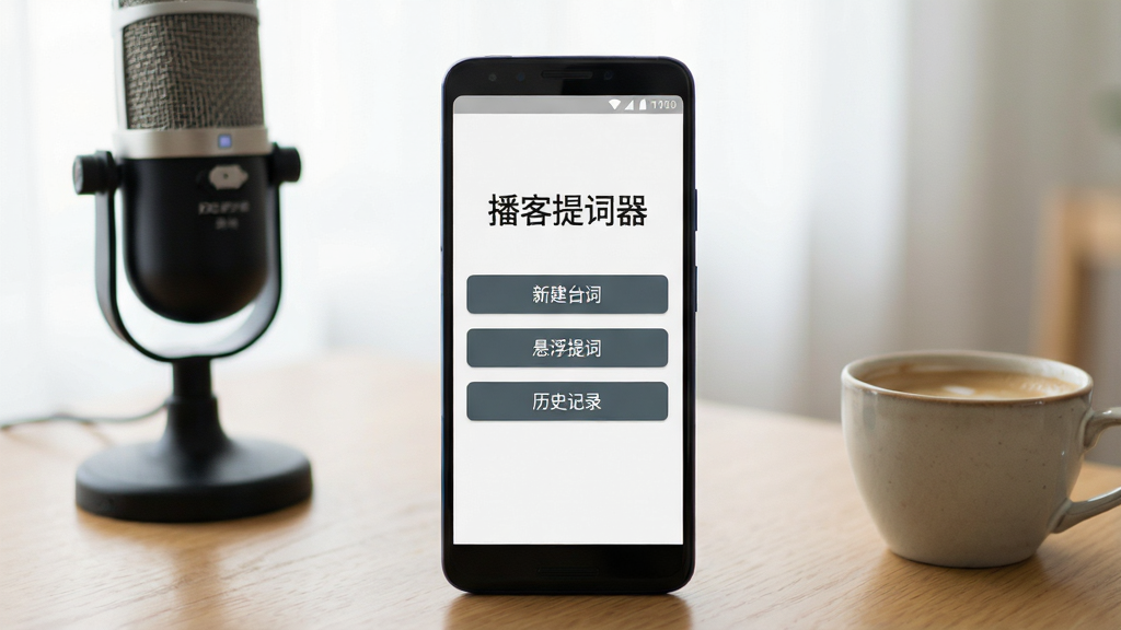 一张展示安卓手机屏幕的图片,屏幕中央是播客提词器应用的主界面,界面标题写着“播客提词器”,下方有“新建台词”“悬浮提词”“历史记录”三个按钮,手机放置在木质桌面上,旁边有一支麦克风和一杯咖啡,背景虚化柔和,整体风格简洁明亮,画质清晰干净,无多余元素
