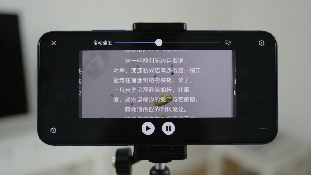 一部安卓手机显示播客提词器的提词预览界面,屏幕中央有中文台词文字正在滚动,底部有播放和暂停按钮,顶部显示滚动速度调节条,手机横屏放置在三脚架上,背景是简洁的室内环境,画质清晰,无多余元素