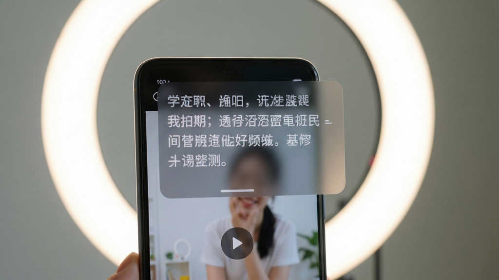 一部安卓手机正在录制视频,屏幕上方悬浮着半透明的提词窗口,窗口内显示中文台词文字,手机后方是环形补光灯,画面风格清新自然,布局简洁,画质高清,无杂乱背景元素