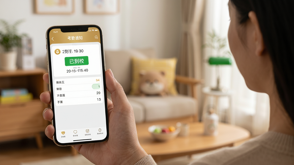 画面主体为一位家长手持手机查看金色花家长端的考勤通知界面,背景为温馨的家居环境,布局为人物半身与手机屏幕并排展示,排版采用左右分割式,风格为写实生活摄影风,细节上手机屏幕显示“已到校”绿色标签与时间信息,画质清晰自然,无多余杂物。