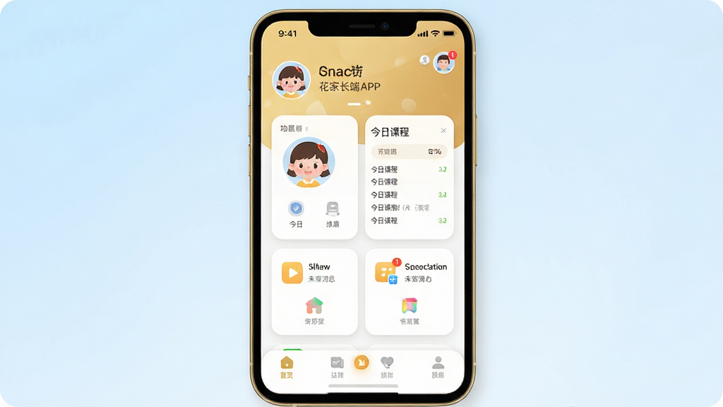 主体为一部智能手机,屏幕上显示金色花家长端APP的首页界面,包含孩子头像、今日课程表、未读消息提示等模块,布局采用上下结构,上方为状态栏与用户信息,中部为功能卡片,下方为底部导航栏,整体风格为清新明快的扁平化设计,细节上突出圆角图标与柔和阴影,画质清晰干净,无多余元素,背景为浅蓝色渐变。