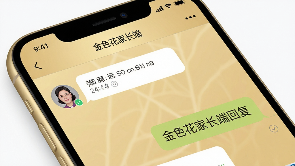 画面主体为手机屏幕特写,展示金色花家长端的聊天界面,左侧为老师头像与消息气泡,右侧为家长回复内容,布局为标准的即时通讯对话列表,排版整齐,风格为现代简约的UI设计,细节上包含时间戳与已读标记,画质高清,背景干净,屏幕上可见“金色花家长端”字样。