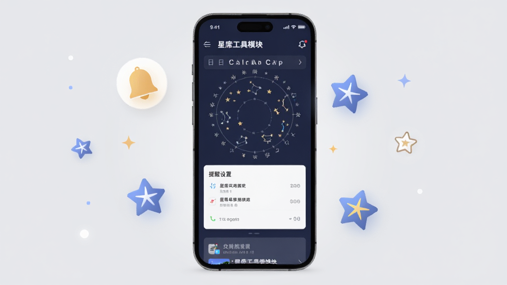 一幅展示星席工具模块的AI生图,画面主体为手机屏幕显示星座日历与提醒设置界面,屏幕旁有悬浮的铃铛与星星图标,布局为手机居中、图标环绕,风格为简约科技插画,细节包含浅灰背景与柔和光效,画质清晰干净,无多余元素