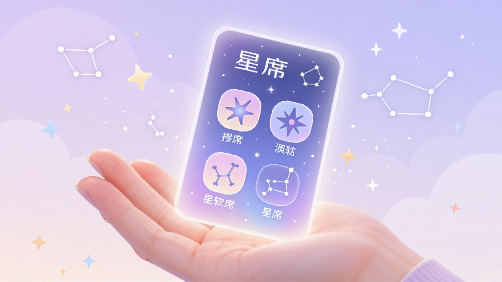 一幅以星席软件推荐功能为主题的AI生图,画面主体为一只手掌托起发光的星座卡片,卡片上显示“星席”与星座配对图标,布局为居中构图,风格为柔和渐变插画,细节包含星光粒子与浅紫背景,画质高清干净,无多余元素