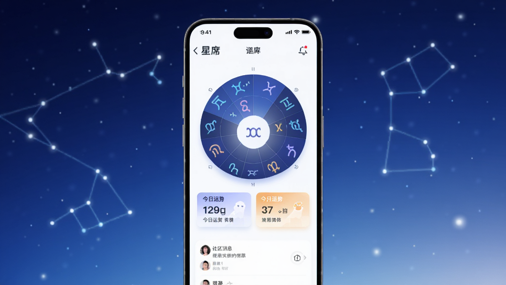 一幅展示星席App核心界面的数字插画,画面中央是一部竖屏智能手机,屏幕上清晰显示星座符号轮盘、今日运势卡片与社区消息列表,背景为深蓝渐变星空,点缀柔和光点与星座连线,整体风格现代、简洁、科技感,画质干净清晰,无多余装饰元素