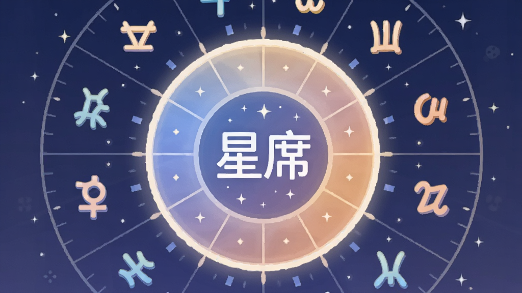一幅以星席软件为主题的AI生图,画面主体为十二星座符号环绕一个发光的圆形星盘,星盘中心显示“星席”字样,布局采用对称环绕式,风格为扁平化插画,细节包含细碎星光与柔和渐变色,画质高清干净,无多余元素
