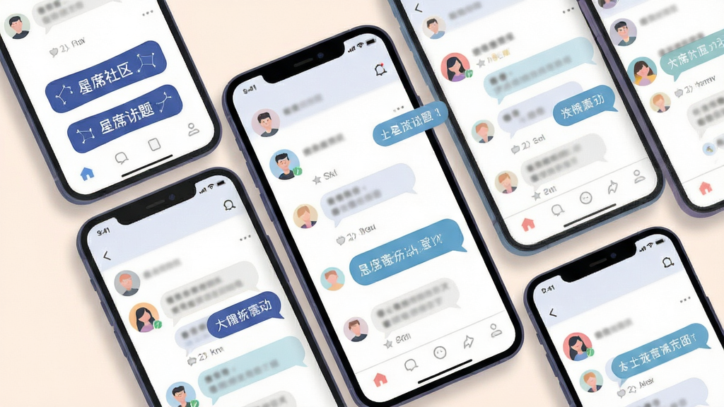 一幅展示星席社区功能的AI生图,画面主体为多部手机屏幕拼接成的社交动态流,屏幕上显示星座话题标签、用户头像与评论气泡,布局错落有致,风格为清新扁平插画,细节包含柔和阴影与浅色背景,画质清晰干净,无多余元素