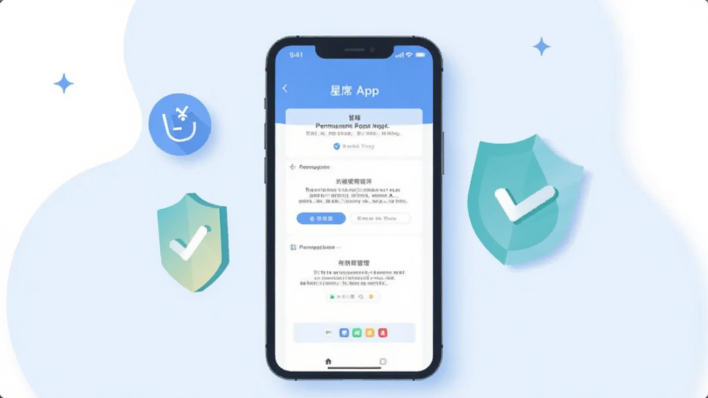 一幅展示星席App安全使用场景的AI生图,画面主体为一部手机屏幕显示权限管理界面,屏幕旁有盾牌与对勾图标,布局为手机居中、图标点缀,风格为简约扁平插画,细节包含浅蓝背景与柔和阴影,画质清晰干净,无多余元素