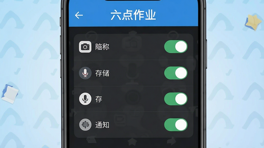 一张展示六点作业在手机上安装和权限设置界面的操作示意图。画面主体为手机屏幕,显示应用权限管理页面,相机、麦克风、存储和通知权限开关清晰可见,界面顶部有“六点作业”文字。背景为浅蓝色渐变,布局简洁直观,风格扁平化,细节清晰,画质干净,无多余元素。