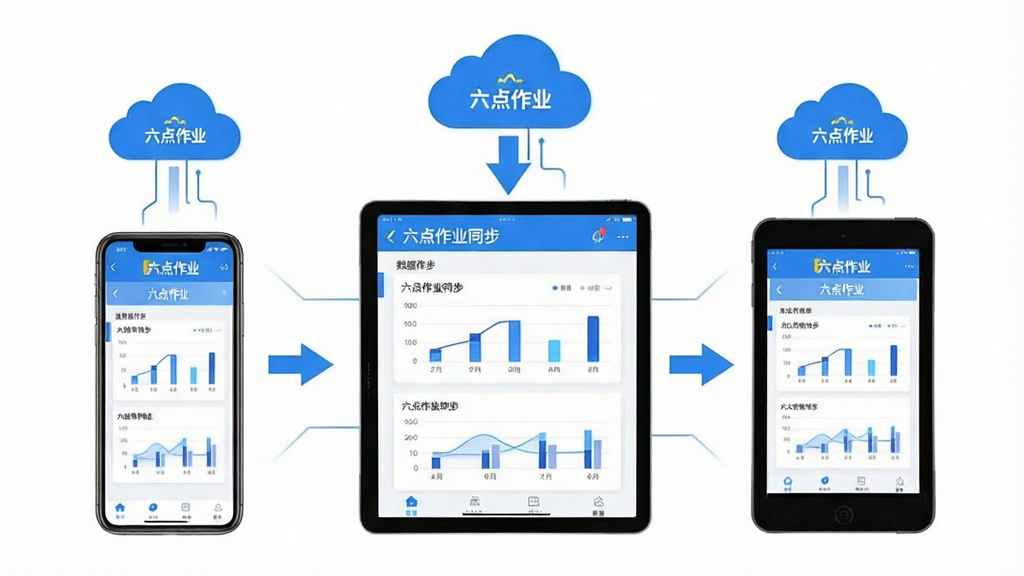 一张表现六点作业数据同步功能的示意图。画面主体为三台设备手机、平板和辅导机,屏幕均显示六点作业的数据同步界面,画面中有云朵图标和同步箭头连接各设备。布局居中对称,风格科技简约,蓝白配色,细节上突出数据图表和“六点作业”标识,画质清晰,干净,无多余元素。