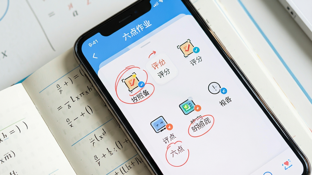 一张展示六点作业拍照批改功能的场景图。画面主体为一部手机屏幕特写,显示作业批改界面,画面中有红色批注圈和评分标记,界面顶部显示“六点作业”字样。手机下方隐约可见一本数学作业本。布局采用俯视角度,风格简洁明快,细节突出批改工具图标,画质清晰,干净,无多余元素。
