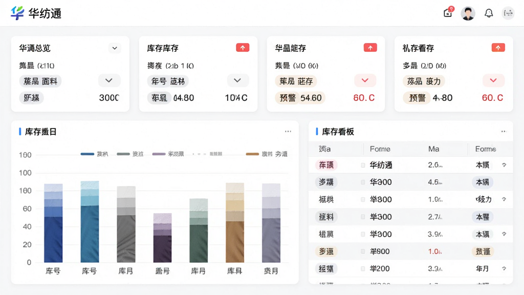 画面主体为“华纺通”软件的库存看板界面,布局采用上方数据总览卡片下方柱状图与列表结合,排版清晰有层次,风格为现代数据可视化风格,细节上展示不同色号面料的库存数量与预警标识,背景为白色简洁底,画质清晰,干净,无多余元素