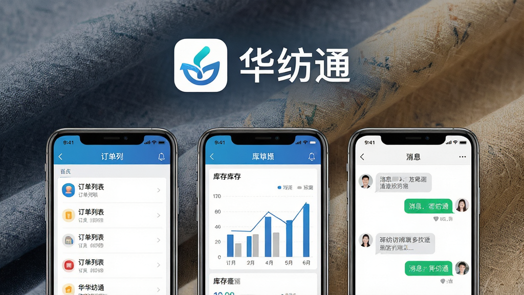 画面主体为一款名为“华纺通”的手机应用界面展示,布局采用居中构图,上方放置软件图标与名称“华纺通”,下方展示三屏并排的手机屏幕,分别呈现订单列表、库存图表与消息对话界面,排版整齐有序,风格为现代简约商务风,细节上加入纺织布料纹理作为背景点缀,画质清晰,干净,无多余元素