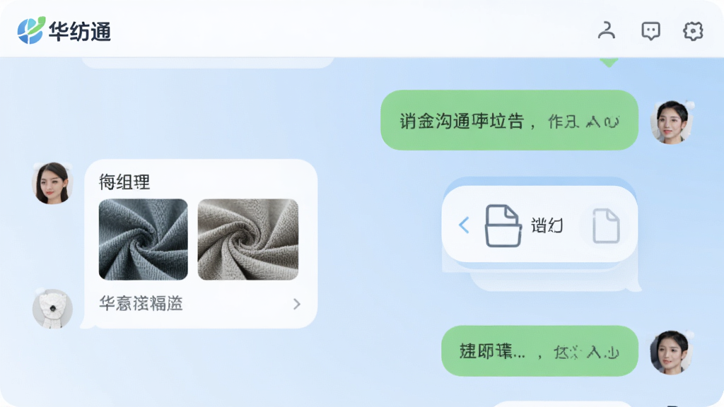 画面主体为“华纺通”软件的消息沟通界面,布局为左右对话气泡样式,排版模拟真实聊天场景,风格为柔和圆角现代风,细节上展示面料图片缩略图与文件传输卡片,背景为浅蓝色渐变,画质清晰,干净,无多余元素