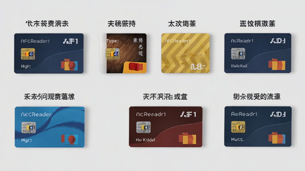 NFCReader软件支持多种卡片类型的展示图,画面中排列着不同样式的智能卡,每张卡片上方标注对应的类型名称,背景为浅灰色,风格简约商务,细节上突出卡片多样性,画质清晰,无多余元素