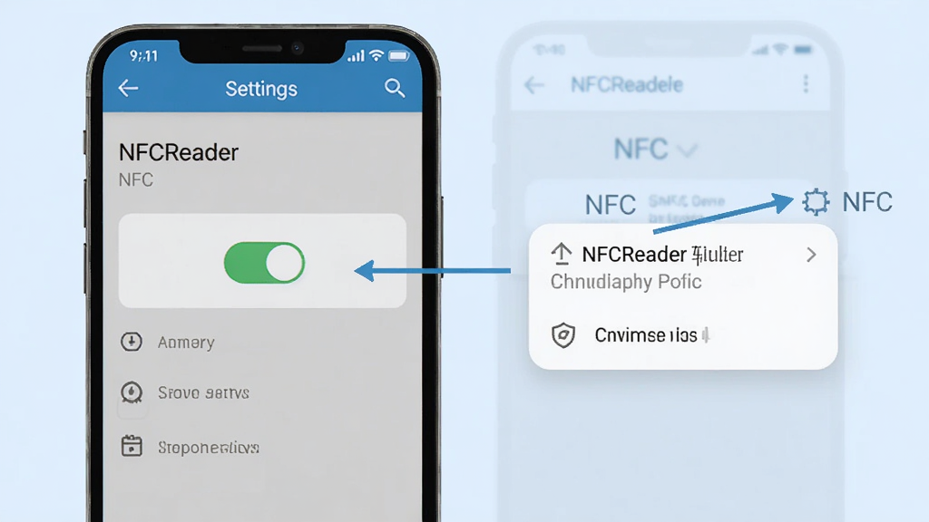NFCReader软件安装及权限设置示意图,手机屏幕显示设置界面,NFC开关处于开启状态,旁边有存储权限弹窗,背景为浅色,布局清晰,风格简洁,细节上突出设置步骤,画质干净,无多余元素
