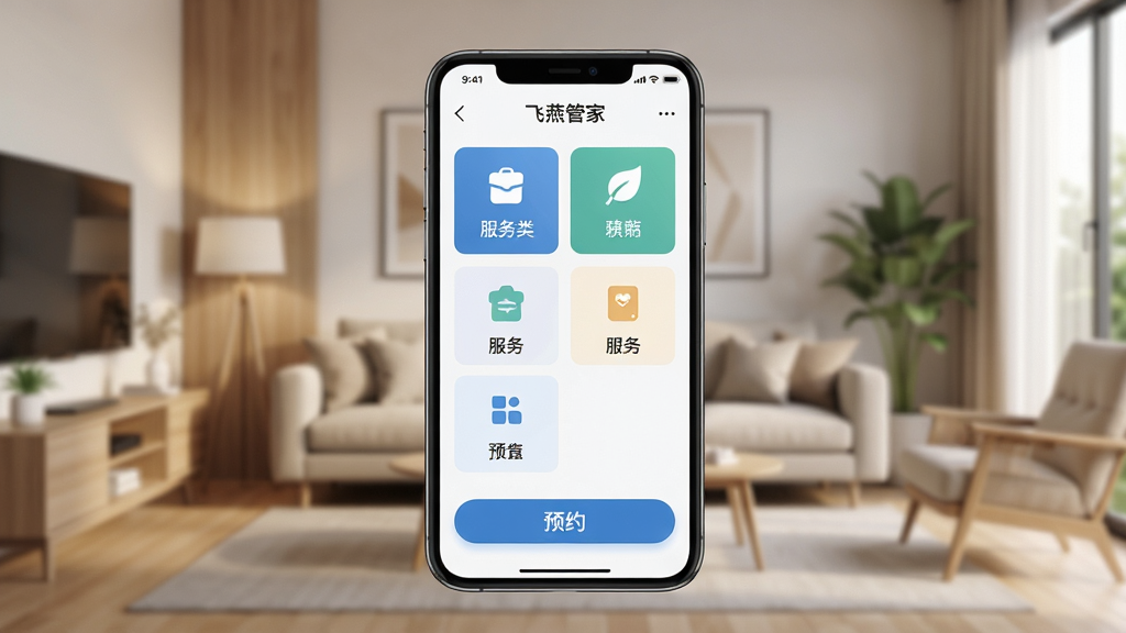 画面主体为一款智能手机,屏幕中显示飞燕管家软件的主界面,界面布局包含服务分类图标与预约按钮,背景为温馨的现代家庭客厅环境,排版采用居中构图,风格为写实科技风,细节上突出手机屏幕的高清质感与界面元素的清晰度,画质为4K超清,画面干净整洁,无多余杂乱元素