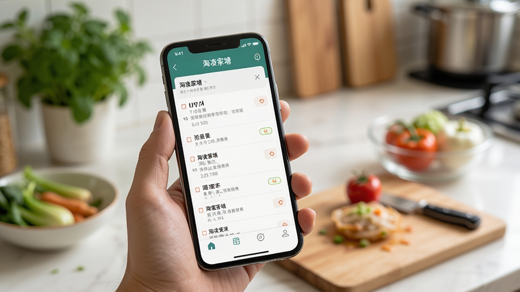 画面中一只手拿着手机,屏幕上显示“淘凌家塘”的订单列表页面,背景是模糊的厨房场景,有新鲜食材摆放,光线自然,构图聚焦,风格生活化,细节清晰,画质高清,干净无多余元素