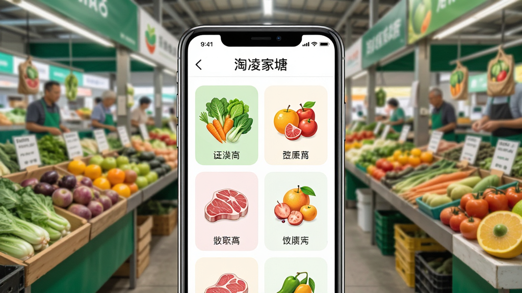 画面中央是一部智能手机,屏幕上显示着“淘凌家塘”应用界面,界面中有新鲜蔬菜、水果、肉类等商品分类图标,背景是整洁的农贸市场摊位,色彩明亮,布局清晰,风格写实,细节丰富,画质高清,干净无多余元素