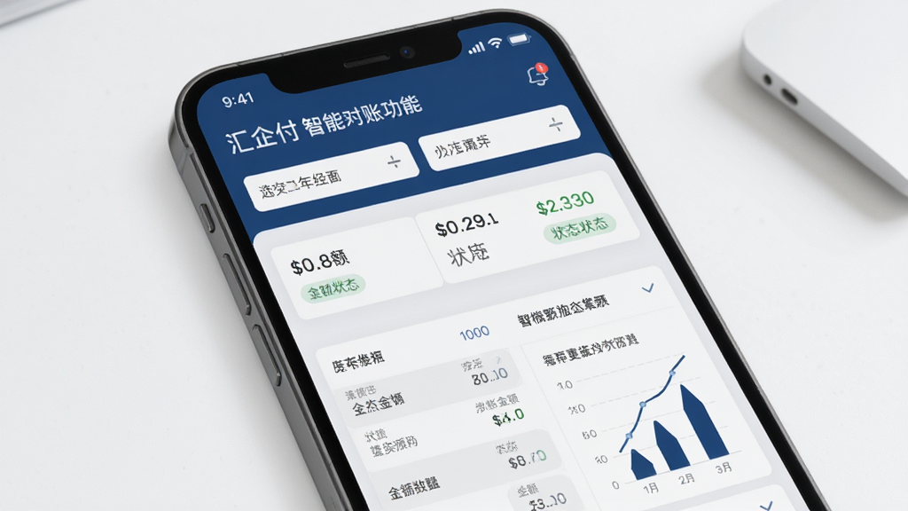 汇企付智能对账功能界面展示,主体为手机屏幕显示对账报表页面,布局为上方筛选条件栏和下方数据列表,风格为简约商务风,主色调为深蓝与浅灰,细节包含日期选择器、金额数字、状态标签和图表元素,画质高清,干净整洁,无多余元素