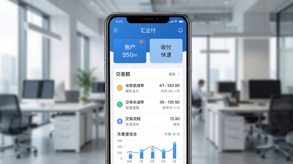 汇企付企业支付管理软件界面展示,主体为一部智能手机屏幕,屏幕中显示汇企付应用的首页界面,包含账户余额卡片、收付款快捷按钮、交易流水列表和月度收支统计图表,布局简洁清晰,采用蓝色和白色为主色调的商务风格,背景为虚化的现代办公环境,细节包含图标、数字和图表元素,画质高清,干净整洁,无多余元素