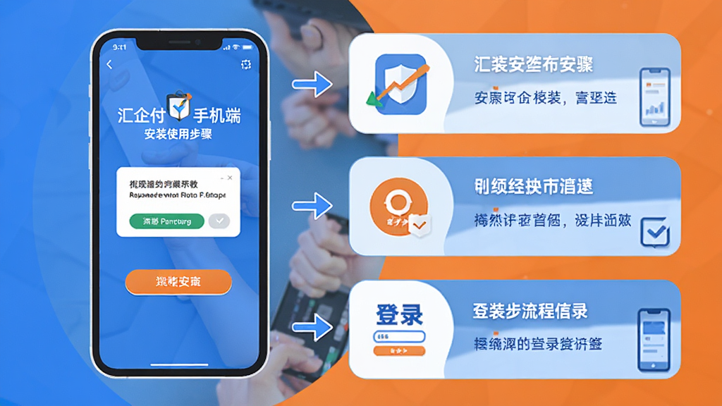 汇企付手机端安装使用步骤示意插画,主体为一部智能手机和三步操作流程图,布局为左侧手机展示安装界面右侧为步骤说明,风格为扁平化教程插画风,主色调为蓝色和橙色,细节包含安装按钮、权限弹窗、登录界面等元素,画质高清,干净整洁,无多余元素